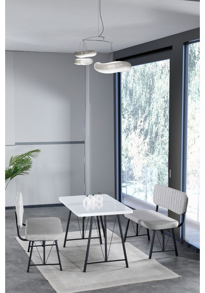 Hayat 70x110 Beyaz Mutfak Masası, Mutfak Masası Takımı, Yemek Masası, 2 Benchli - Açık Gri Açık Gri