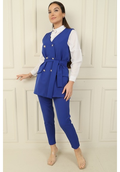 By Saygı 6 Düğmeli Sahte Cepli Kuşaklı Yelek Beli Lastikli Dar Paça Pantolon 2'li Takım Saks By Saygı 6 Düğmeli Sahte Cepli Kuşaklı Yelek Beli Lastikli Dar Paça Pantolon 2'li Takım Saks