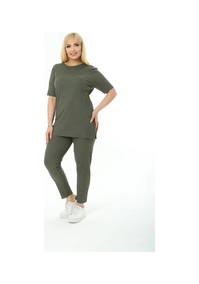 Modasehle Kadın Kısa Kollu Beli Lastikli Yırtmaçlı Rahat Kalıp İkili Pijama Takım Haki