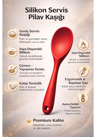 1 Adet Ultra Sert Uçlu Silikon Servis Pilav Kaşığı Yüksek Isıya Dayanıklı Yanmaz Yapışmaz Kırmızı