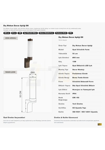 7lux Bronz Opal Silindirik Dış Mekan Led Duvar Apliği Modern Tasarım 6500k