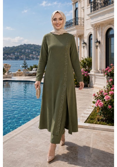 Hb Harma Time Butik Kadın İnci İşlemeli Haki Tunik-pantolon İkili Takım