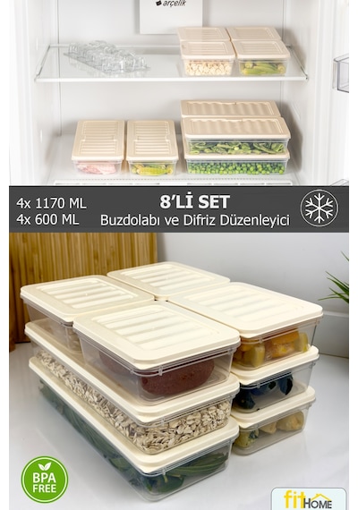8'li Buzdolabı Ve Buzluk Düzenleyici Saklama Kabı Derin Dondurucu Düzenleyici 4x1170 Ml 4x600 Ml Karışık