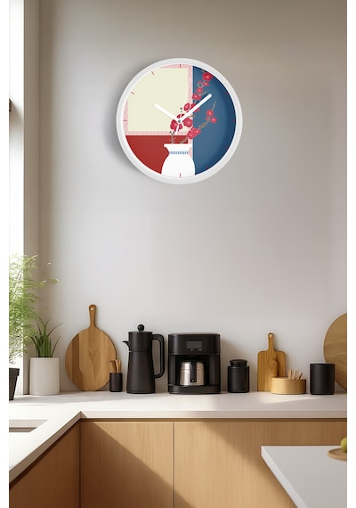 Soyut - Bohem - Çiçek Temalı Modern Duvar Saati - 42cm - Önü Camlı Beyaz Kasa - Sessiz Mekanizma Beyaz