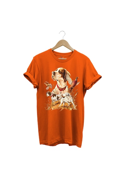 Avcılık Desenli Av Köpeği İngiliz Pointer Setter Sülün Vahşi Yaşam Baskılı Regular Fit T-shirt Turuncu