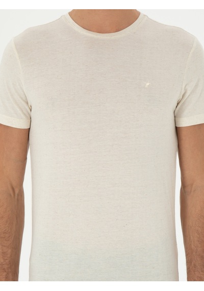 Ekru Slim Fit Keten Karışımlı Bisiklet Yaka T-shirt 15469610