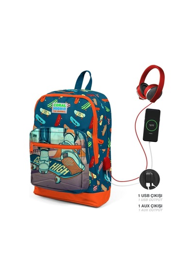 Civit Neon Turuncu Kaykay Desenli Coral High Kids Usb Girişli 3 Lü Okul Çanta Seti Goset0123823