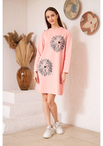 Darlin Moda Pudra Baskılı Düğme Detaylı Tunik DM60346 Çok Renkli