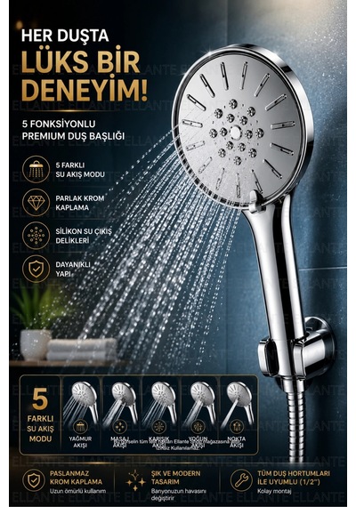 Premium 5 Kademeli Duş Başlığı Yüksek Basınçlı Tasarruflu El Duşu Krom Kaplama Paslanmaz Gövde Stand Çok Renkli