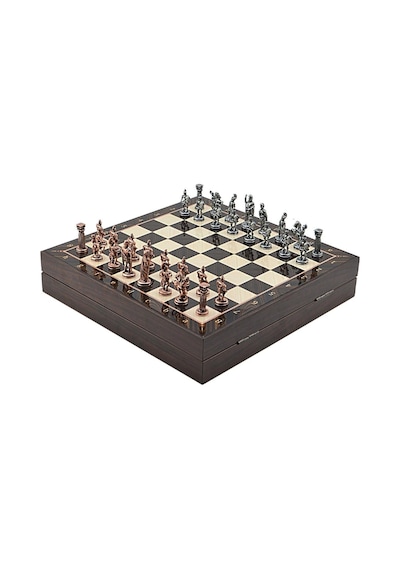 Orta Boy Metal Roma Satranç Takımı Antik Ve Ceviz Desenli Sandıklı Mdf Tahtası 36x36x6 Cm.