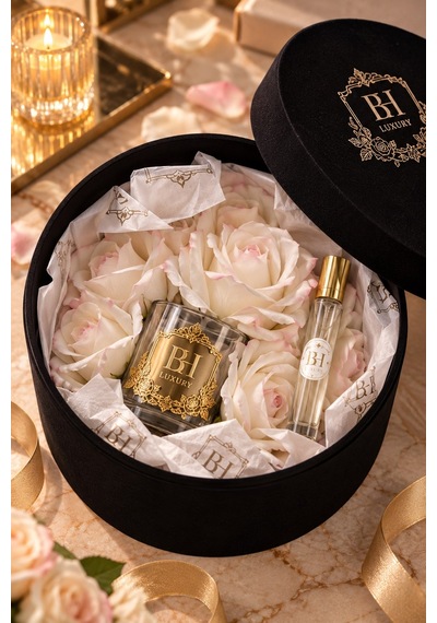 Bh Luxury Beyaz Pembe Yapay Gül Ve Gül Parfümü Hediye Seti Siyah Kutulu Beyaz - pembe