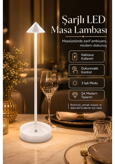 Şarjlı Usb'li Led'li Siyah Gece Lambası 3 Farklı Işık Modlu Dokunmatik Dimmerli Dekoratif Metal Masa Lambası