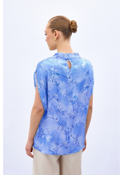 Sateen Kısa Kollu Desenli Bluz - Mavi-137043 Mavi
