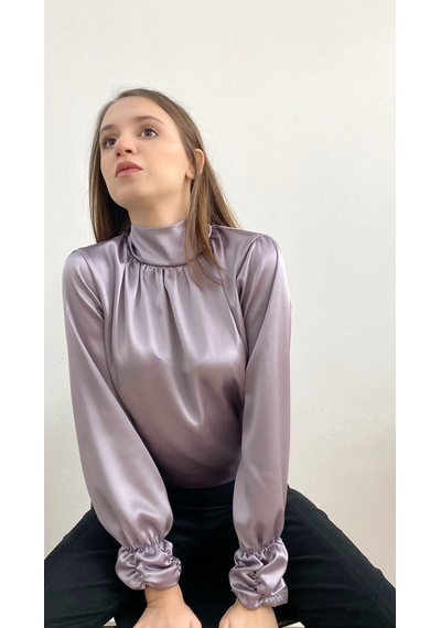 Mois Atelier Gül Kurusu - Gri Saten Bluz, Tasarım, Hediye, Büyük Beden, Tesettür Gri