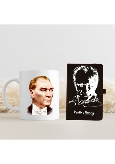 Kişiye Özel Atatürk Tasarımlı Kupa Bardak Ve Not Defteri Hediye Seti Siyah