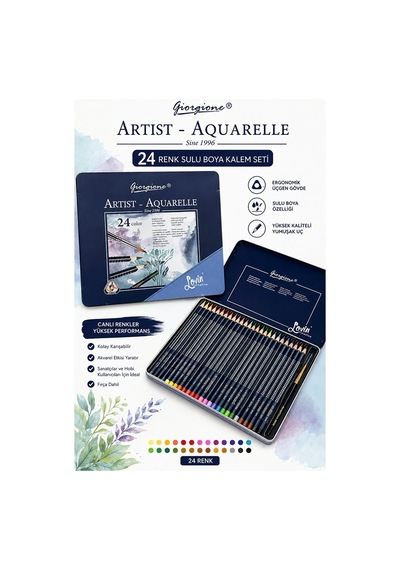 Aquarel Suluboya Kalemi 24 Renk 1 Paket Giorgione Teneke Kutu Sulu Boya Kalemi 24 Lü Fırça Hediyeli Sanatsal Kaliteli Çok Renkli