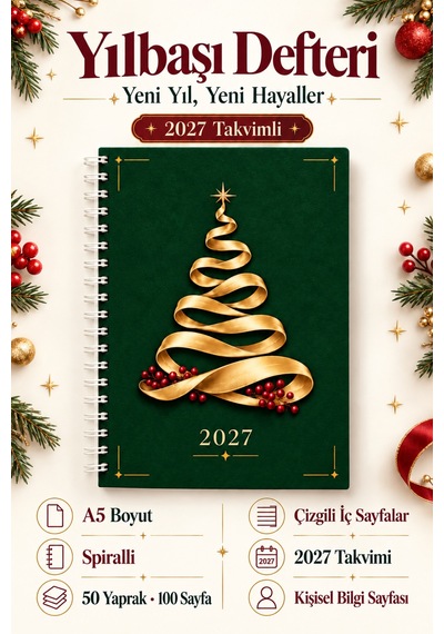 A5 Spiralli Defter 2027 Takvimli 50 Yaprak 100 Sayfa Çizgili Yeşil Altın Kurdele Ağaç Desenli Not Defteri