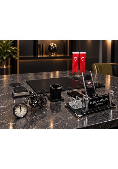 Ofis Prestiji 13 Parça Kristal İsimlikli Kişiye Özel Türk Bayraklı Premium Sümen Takımı Siyah