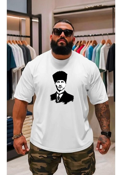 Atatürk Baskili Oversize Unisex Tişört Beyaz