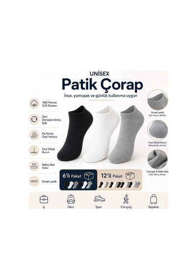 Unisex Kısa Konç 6 Lı Patik Çorap, %85 Pamuklu Geri Dönüştürülmüş İplik, Parfümlü İnce Dikişli, Günl Beyaz