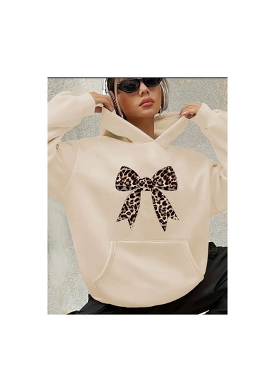 Herkesemoda Leopar Kurdele Baskılı Kapüşonlu Sweatshirt Bej