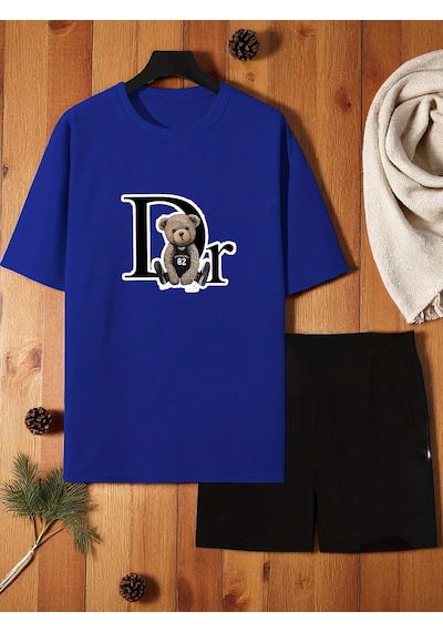 Uyguntarz Unisex Dr. Ayı Tasarım Basklı Tshirt Şort Takımı Mavi