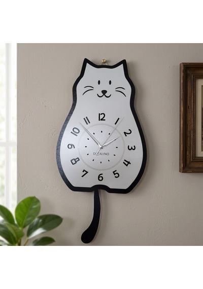 Doalino Sallanan Kuyruklu Kedi Figürlü Premium Ahşap Duvar Saati