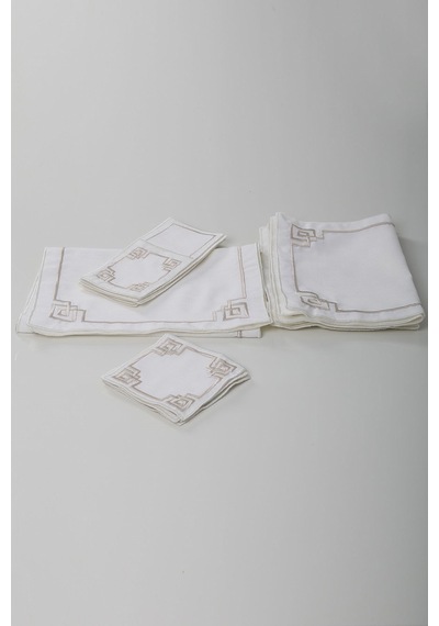 Sarmal Desen Krem Gold 8 Kişilik 25 Parça Nakışlı Linen Keten Amerikan Servis Runner Yemek Takımı Bej