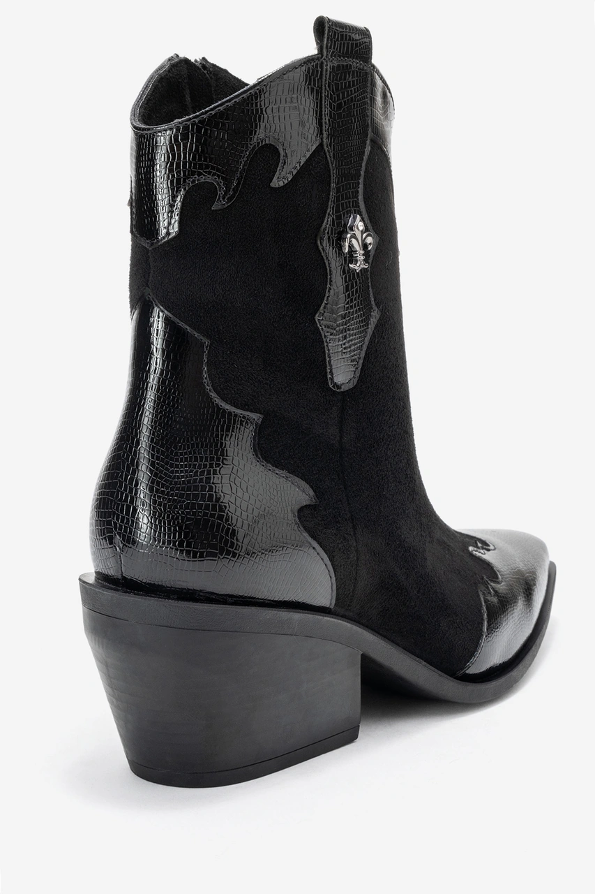Luvishoes Luvi Shoes Loel Siyah Süet Siyah Desenli Kadın Kalın Topuklu Western Bot Siyah - Süet