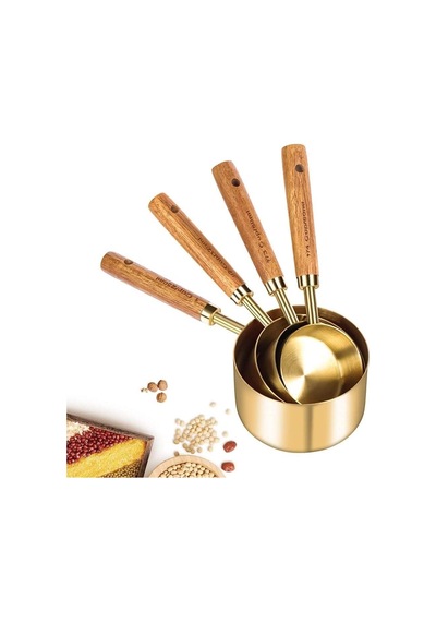 Valkyrie 4 Adet Büyük Boy Paslanmaz Çelik Ahşap Saplı Ölçü Kaşığı Seti Ölçü Kabı 60ml 80ml 125ml 250ml Altın