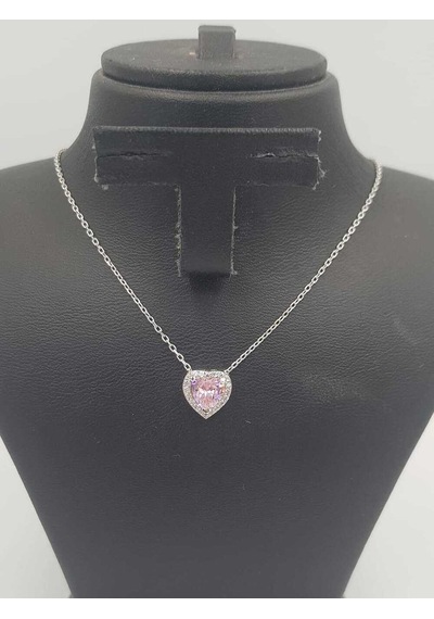 Swarovski Pembe Kalp Taşlı  S Model Gümüş Kolye