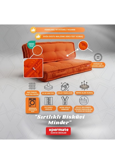 Xpermate Bisküvi Yer Minderi 60x120 Kalın Palet Balkon Petek Önü Fermuarlı Minder Turuncu