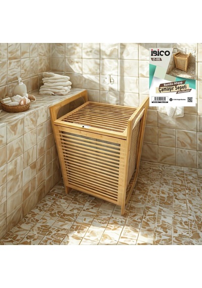 İbico İ21-080 Üstten Açılır Kalın Ahşap Bambu Kirli Çamaşır Sepeti Kumaş Çantalı, 40x35x60 Cm