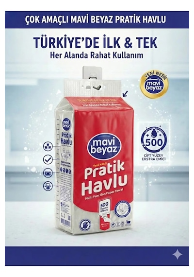 Mavi Beyaz Pratik Havlu 4 Adet 500 Yapraklı - Yeni Nesil Çok Amaçlı Kağıt Havlu Asma Aparatı Hediyeli