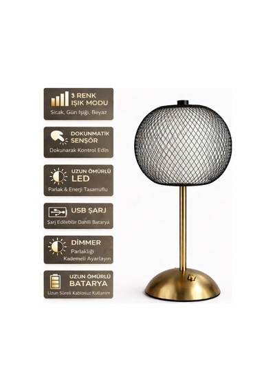 Tel Dekoratif Gold Masa Ve Gece Lambası Led Abajur Siyah