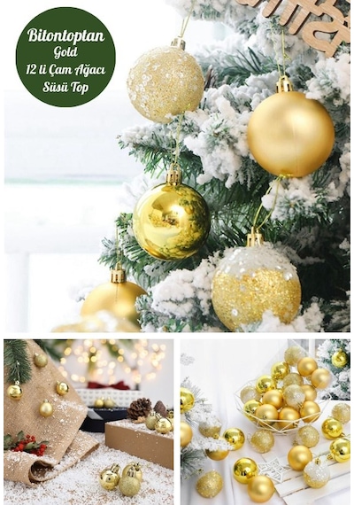12 Adet Gold 2,5 Cm Mini Yılbaşı Topu, Noel Çam Ağacı Topu, Süs Topu