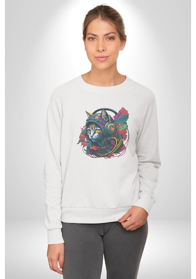 Kulaklık Kedi Müzik Tekir Unisex Beyaz Baskılı Sweatshirt Beyaz