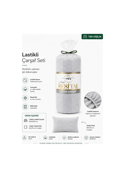Resital Lastilki Çarşaf Seti Tek Kişilik Gri