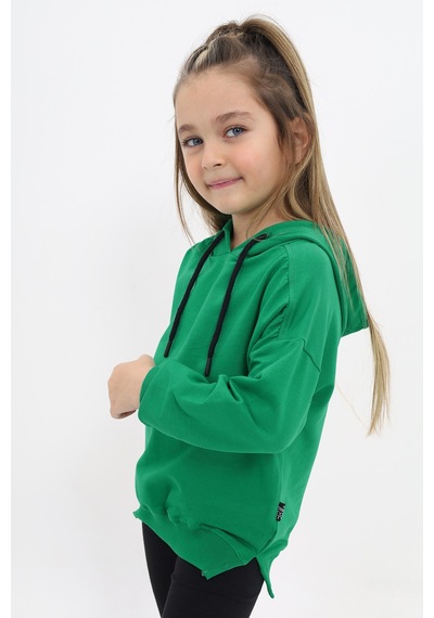 Kız Çocuk Oversize Kapüşonlu Büzgülü Düşük Omuz Nakış Baskılı Yırtmaçlı Sweatshirt - 2 İplik Çimen Yeşili