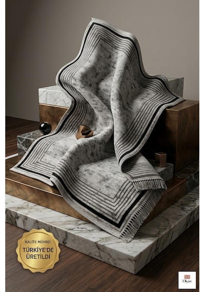 Luxury Living Collection: Vizon Pudra Mermer Dokulu Madalyon Salon Halısı Gri