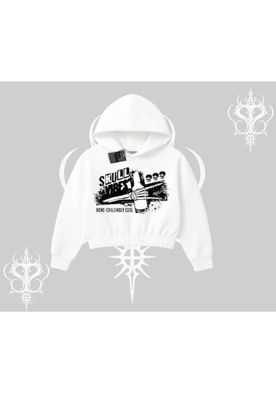 Startmore Kapşonlu Crop Sweatshirt Skull Impact Bone Chilling Street Icon Beyaz