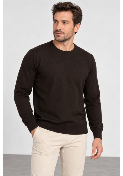 Sabri Özel Erkek Bisiklet Yaka Triko Kazak Regular Fit / Rahat Kesim Sw2200078-kahve