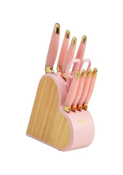 10 Parçalı Bıçak Seti, Paslanmaz Çelik, Bambu Bloklu, Pembe Renkli Çok Renkli
