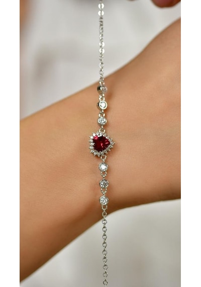 Roza Silver Yakut Taşlı Rodyum Kalp Anturaj Gümüş Bileklik