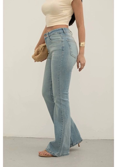 Light Blue Premium Yüksek Bel Bronz Düğmeli İspanyol Paça Jeans Light Blue