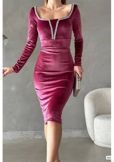 Lior Design Kadın Klasik Kare Yaka Taş Detaylı Uzun Kollu Abiye Elbise Gülkurusu