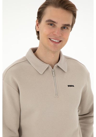 U.S. Polo Assn. Erkek Comfort Fit Yarım Fermuarlı Taş Basic Sweatshirt 50298265-VR049