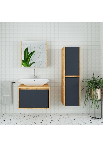 Banos Roomart Lavabolu Ahşap-Antrasit 65Cm Banyo Dolabı+Aynalı+Bo Antrasit