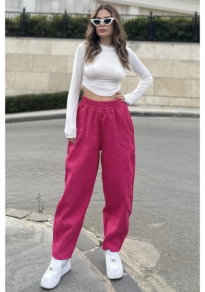 WeShaya Kadın Pembe Yüksek Bel, Cepli, Beli Lastikli, Salaş Gabardin Pantolon Pembe