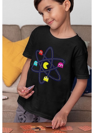 Sevbano Tasarım Pacman Baskılı Unisex Oyun Çocuk Tişört 1-12 Yaş SIYAH